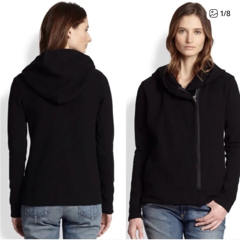 James Perse Asymmetrical Casual Moto Black Hooded Fulll Zip Jacket Size 1